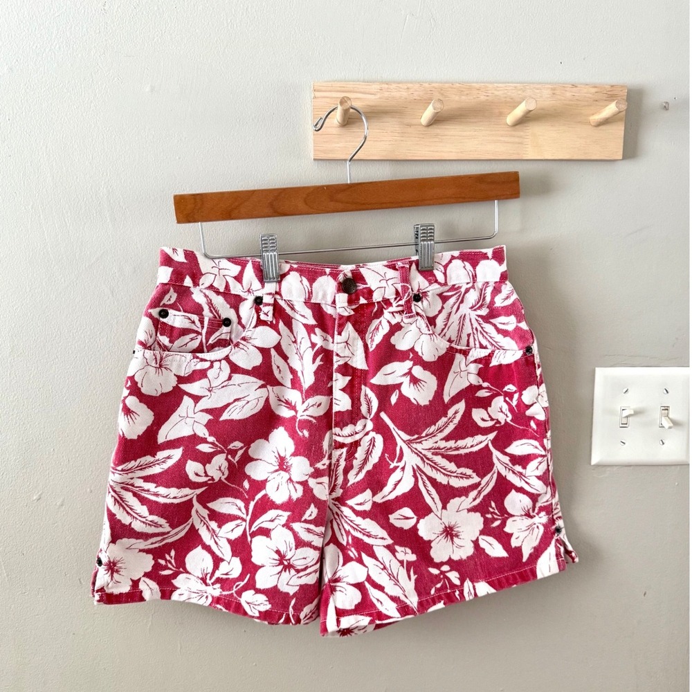 VTG Bill Blass Womens Denim‎ Jean Shorts Hawaiian Hibiscus Flower